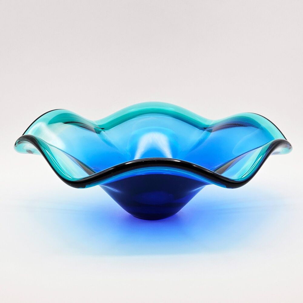 Murano Console Bowl Crystal Clear Blue Green Italian Art Glass Vintage